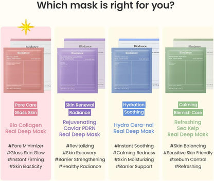 BIODANCE Bio-Collagen Real Deep Mask - Mascarilla Nocturna Hidratante, Minimiza Poros Y Mejora La Elasticidad - Mascarilla Facial De Hidratación Profunda Con Colágeno - 34G X 4 Unidades