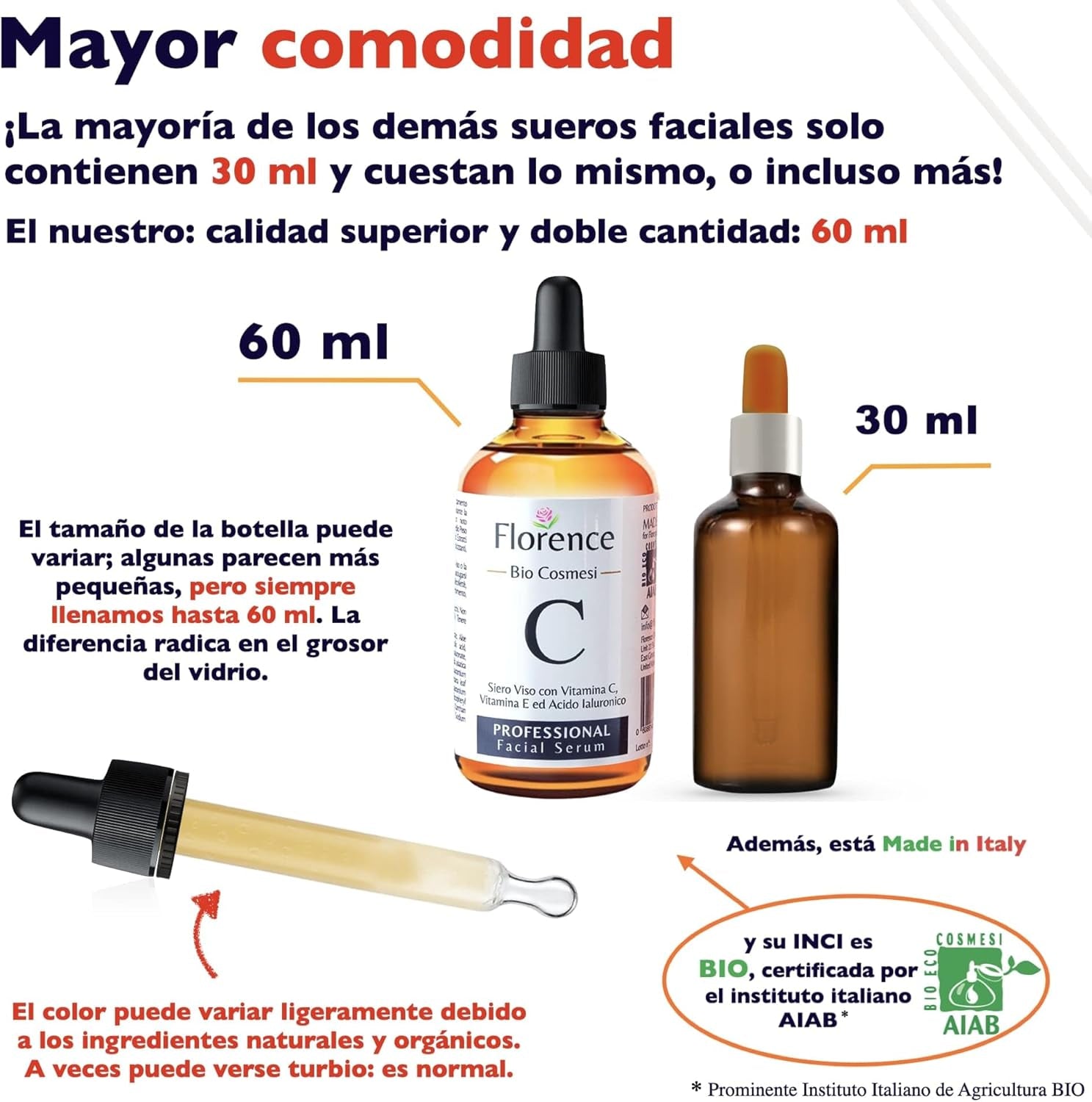 Suero Facial Orgánico Vitamina C Y Ácido Hialurónico Puro – Remueve Cicatrices De Acné, Manchas De Piel - Efecto anti Edad - Sérum BIO - Antiarrugas Illuminante Natural Para Rostro Y Cuello - 60Ml