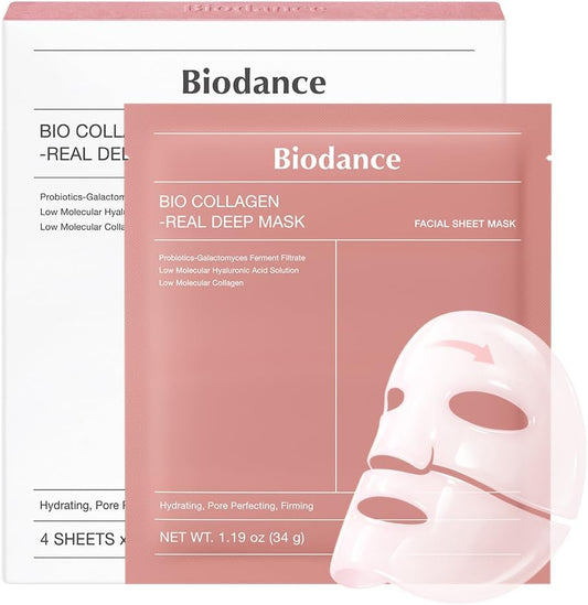 BIODANCE Bio-Collagen Real Deep Mask - Mascarilla Nocturna Hidratante, Minimiza Poros Y Mejora La Elasticidad - Mascarilla Facial De Hidratación Profunda Con Colágeno - 34G X 4 Unidades