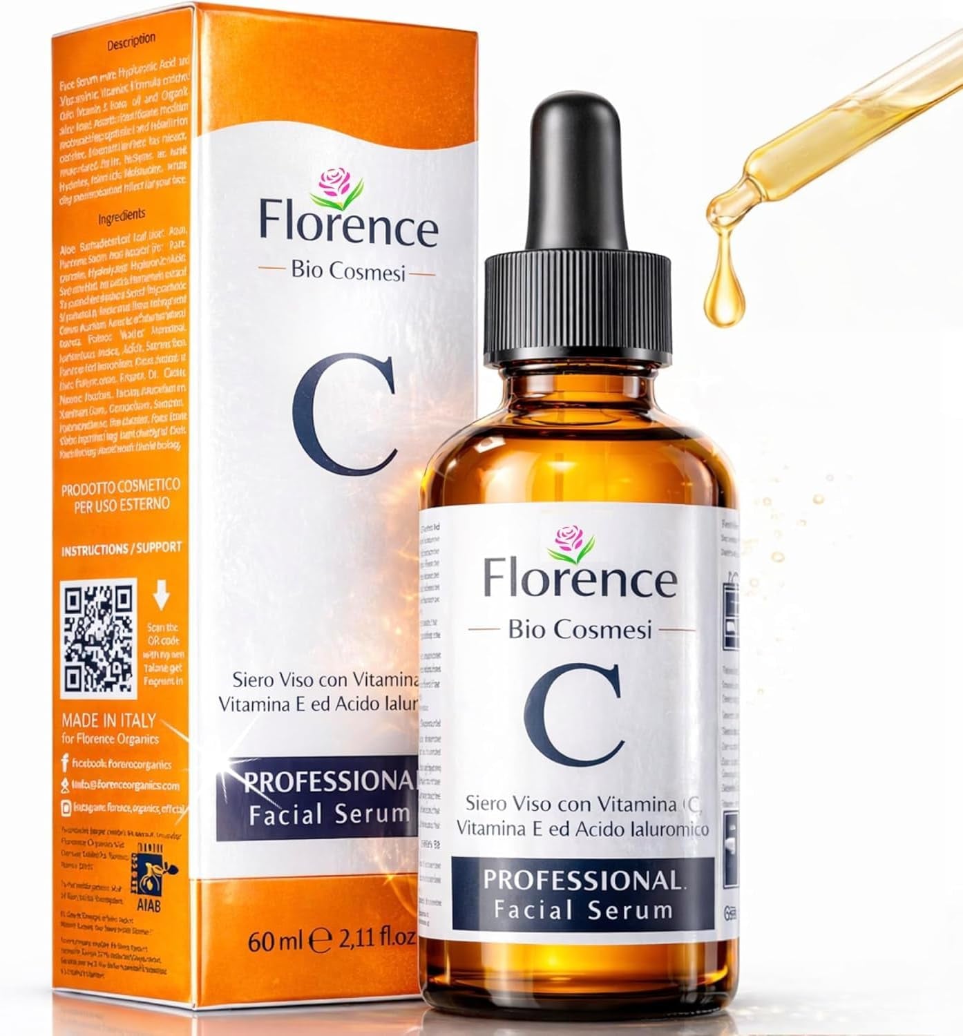 Suero Facial Orgánico Vitamina C Y Ácido Hialurónico Puro – Remueve Cicatrices De Acné, Manchas De Piel - Efecto anti Edad - Sérum BIO - Antiarrugas Illuminante Natural Para Rostro Y Cuello - 60Ml